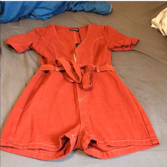 PrettyLittleThing Pants - Tobacco Belted Denim Romper- Pretty Little Thing